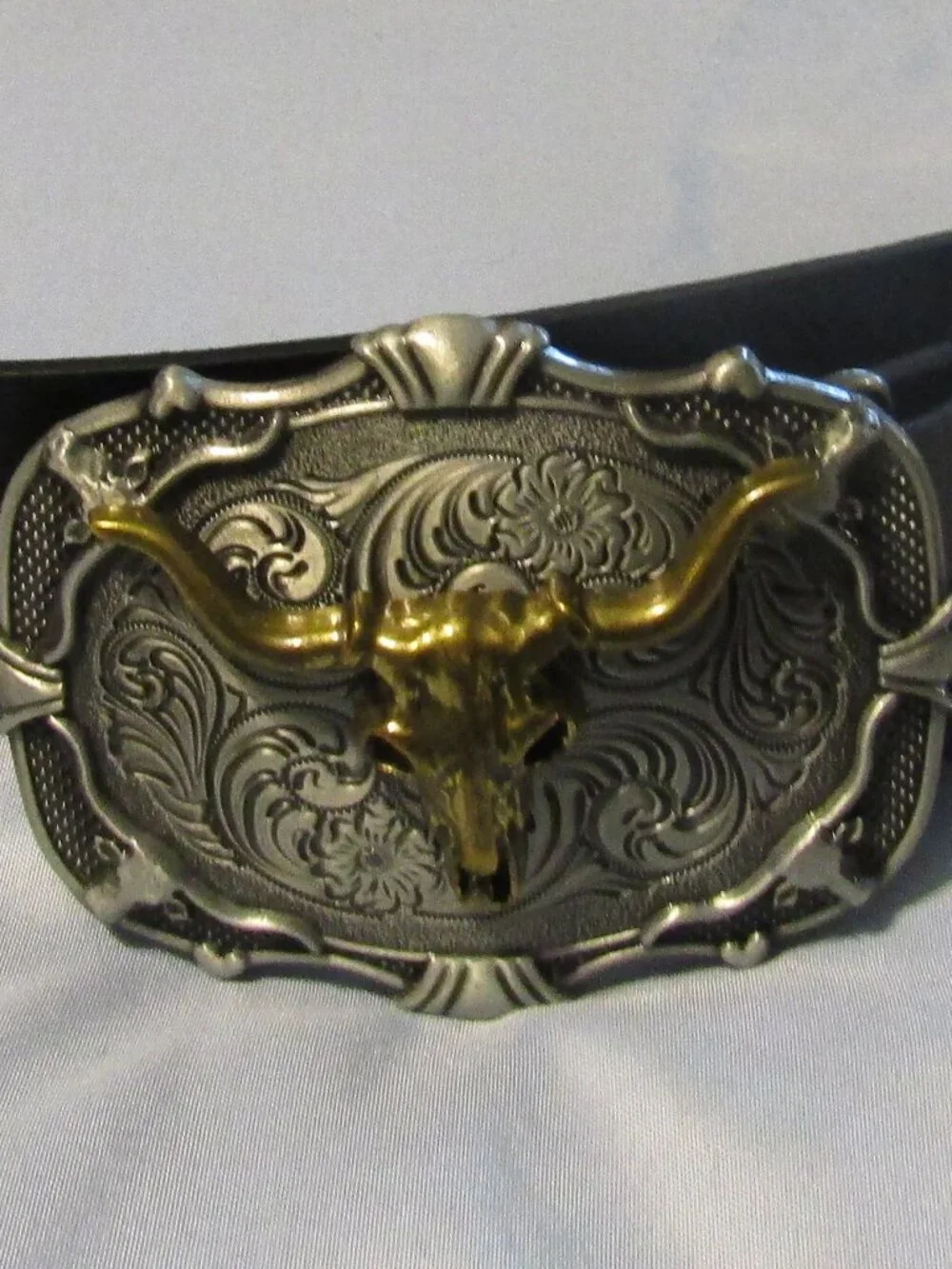 Texas LONGHORN SKULL Buckle & Belt Western Bronze Silver 2 Tone Cowgirl Cowboy